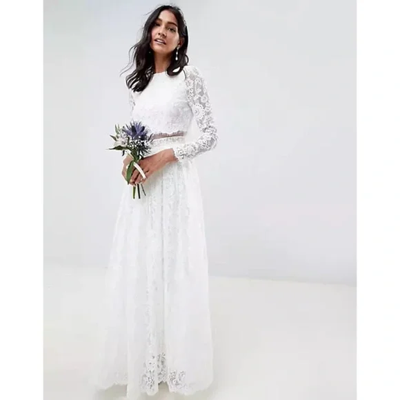 ASOS BRIDAL EDITION Grace Lace Long Sleeve Crop Top Maxi Wedding Dress - Picture 5 of 16